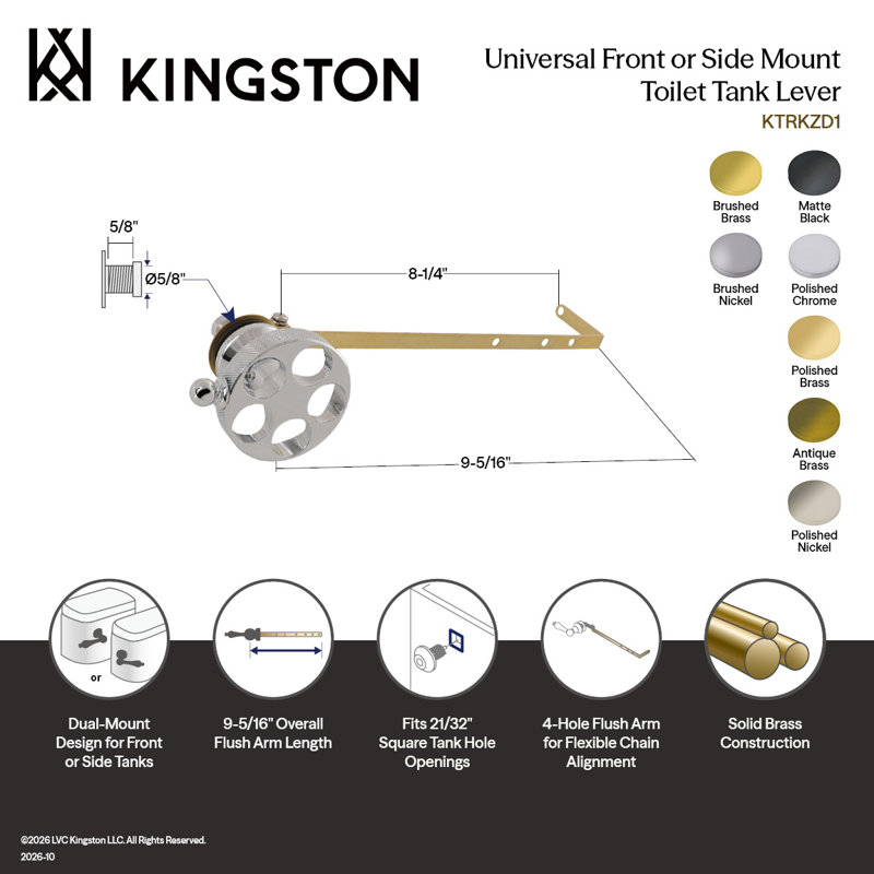 Levier de réservoir de toilette universel Kingston Brass Wendell à montage frontal ou latéral, Laiton poli