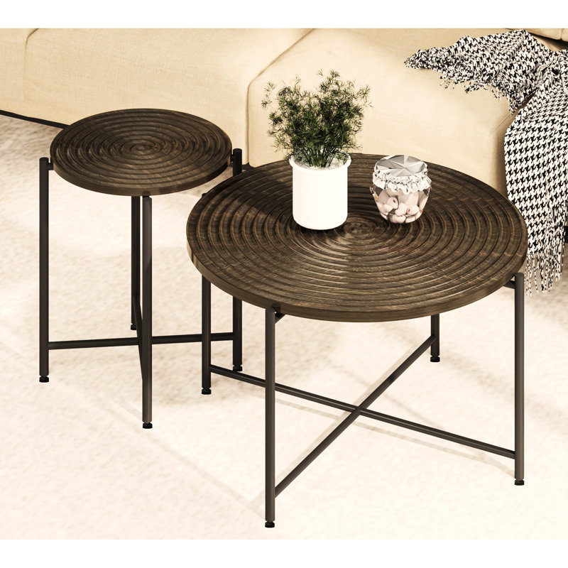 Coffee And End Table - Dark Walnut, With Cover, Robust Black Metal Legs Distressed Cylindrical Look Walnut Pair Waterproof Style For Home Decor