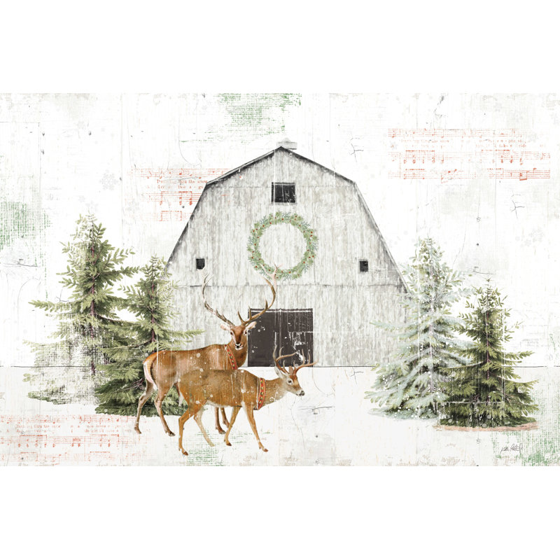 «Wooded Holiday I - Festive Reindeer» par Katie pertiet, impression à la machine, H 12 po x l 18 po x P 1,25 po, Non