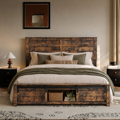 Queen Size Retro Farmhouse Bed with Storage Footboard, LED & Charging Station Headboard