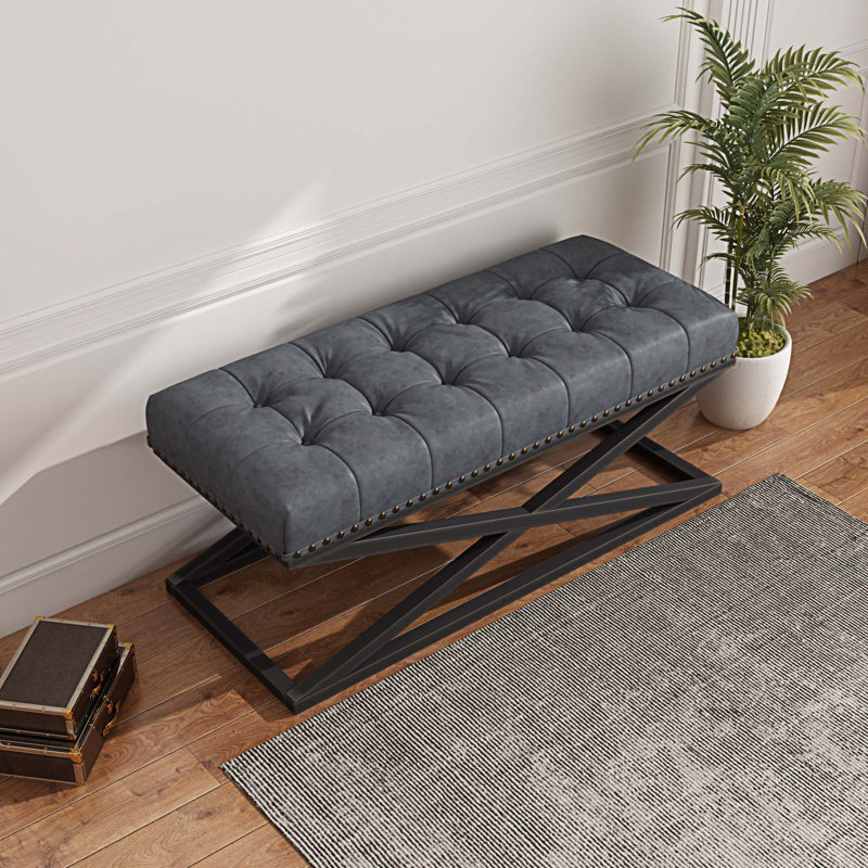 Banc rembourré en cuir Temuge, Gris foncé, Noir