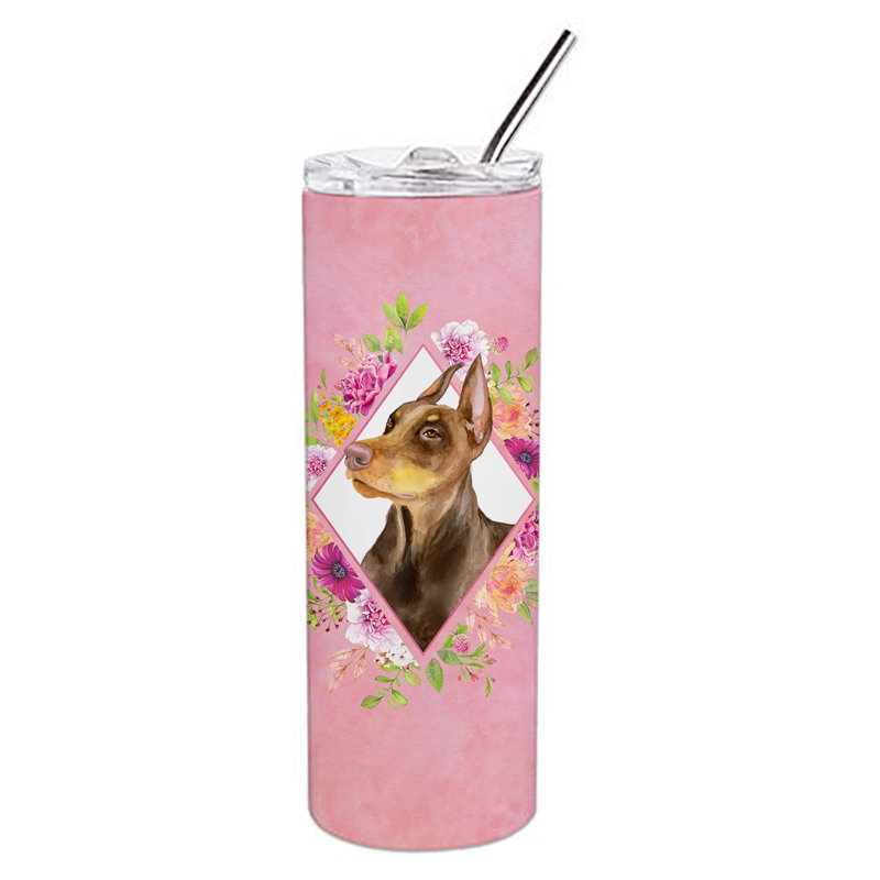 E23BF9F8391D466E9CA4F8DFEBD9A7DB de verre 20 oz à double paroi en acier inoxydable chiot, Gold Doberman Pinscher, Rose