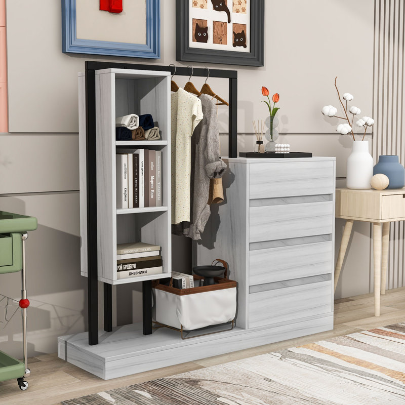 Armoire moderne avec 4 tiroirs, 3 tablettes et tringle à vêtements, Blanc