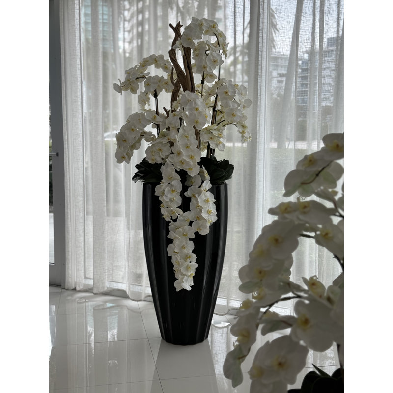 San Jose Planter In Glossy With Cascading Orchids, White, Black