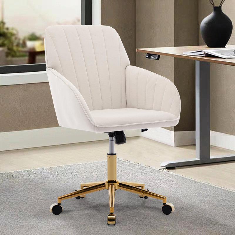 Fauteuil ergonomique Ty Velvet Beige - Pivotant, réglable, rembourrage confortable, bureau doré stable avec housse Bureau ergonomique, base solide