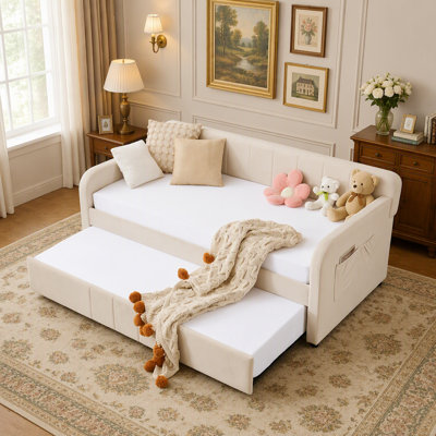Structure de lit de jour simple rembourré avec lit gigogne, canapé-lit simple pour chambre à coucher, soutien, lattes de bois, beige
