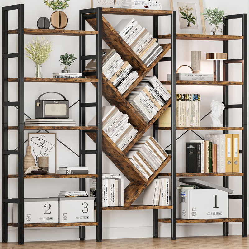 70.9"W x 70"H Etagere Bookcase, 5 Tier Bookshelf with 17 Open Display Shelves Modern Tree Book Shelf, Rustic Brown/Black