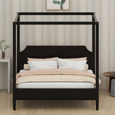 Wooden Four-Poster Bed with Integrated Headboard and Heavy-Duty Support Legs