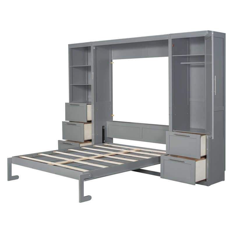 Grand lit escamotable mural avec garde-robe, tiroirs et tablettes - Grand lit escamotable pliable, gris, gris