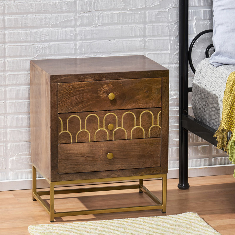 Table de chevet 3 en bois de manguier avec une combinaison contemporaine de noyer et de fer