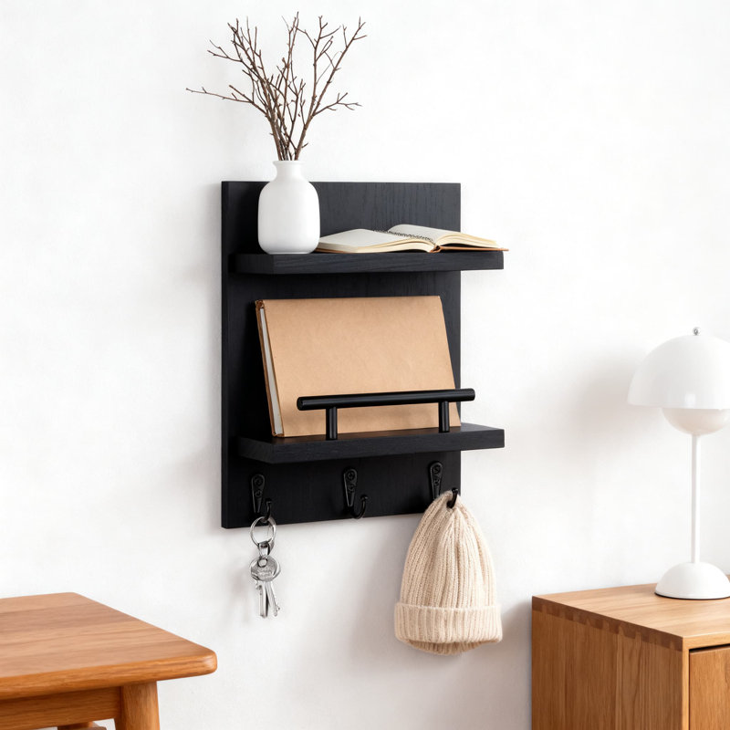 Porte-clés mural et organisateur de courrier avec 3 crochets et 2 tablettes, rangement en bois massif pour les clés, le courrier et les petits objets