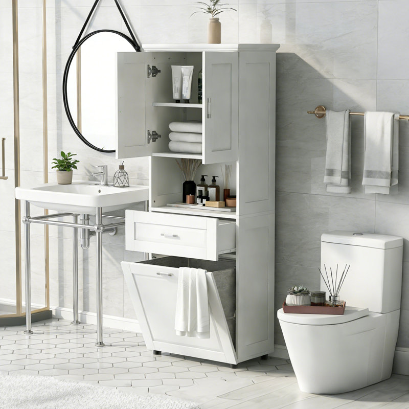 Tall Bathroom Cabinet With Integrated Laundry Basket, Spacious Tilt-Out Hamper, And Upper Storage Cabinet, White