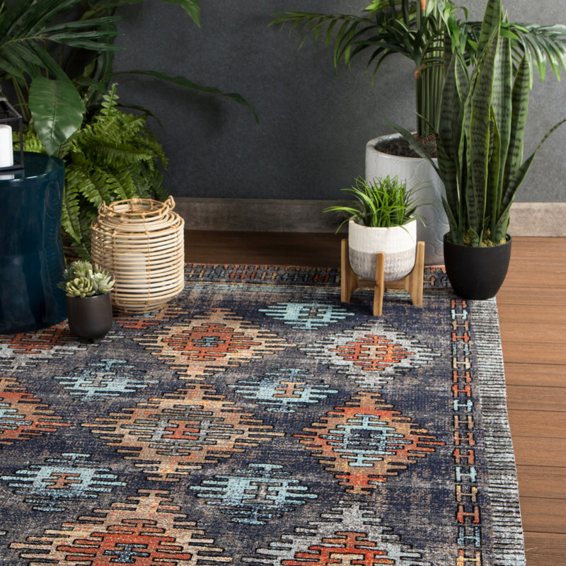 Jaipur Living Dez Indoor/Outdoor Tribal Blue/Orange Area Rug, Rectangle 4' x 6'