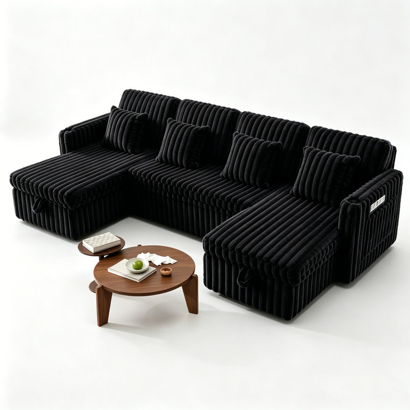Très grand canapé-lit modulaire en U 107 po avec lit escamotable et chaises de rangement doubles, 107 po, noir, Noir