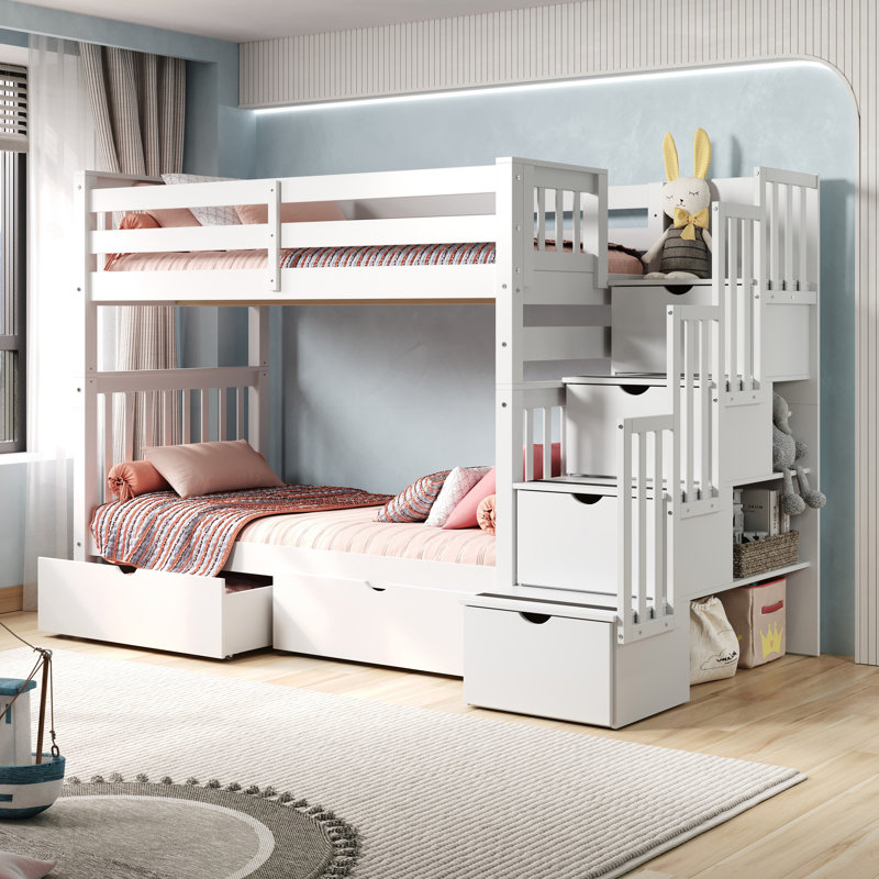 Tena Tall Solid Wood Standard Stairway Bunk Beds Twin over Twin, 4 Drawers in the Steps, 2 Under-Bed Drawers, White, White