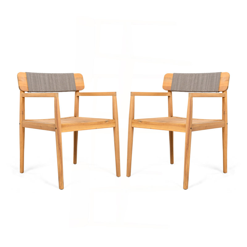 CREATIVE BRAIDED ACACIA WOOD OUTDOOR DINING CHAIRS WITH ARMRESTS, SUITABLE FOR OUTDOOR DINING AND LEISURE PLACES, TEAK LOOK & GREY ROPE,SET OF 2