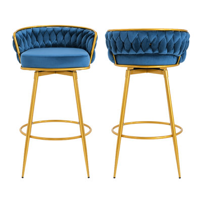 Swivel Counter Height Bar Stools (2pcs), 31.5" With Hand-woven , Gold Metal Legs, Upholstered Seat For Dining Room,180° Frame, Meeting by Mercer41