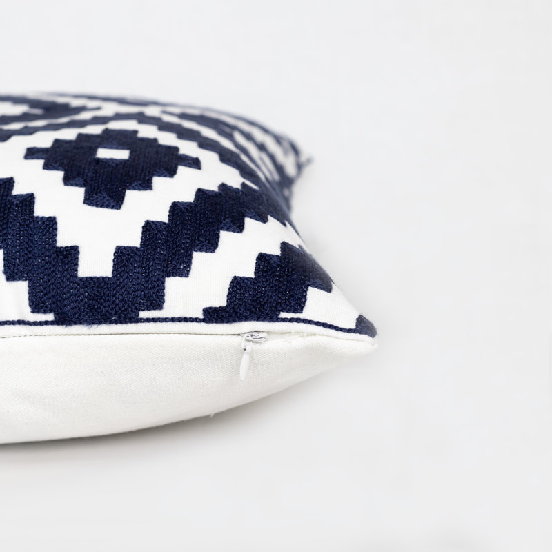 Embroidered Pillow Cover, Geometric Shapes, Blue/White