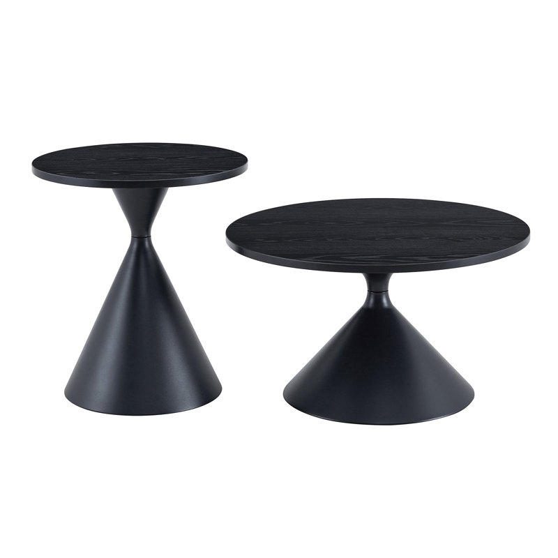 Ensemble de 2 tables basses rondes, plateau de table à motif noir avec base en acier, table basse multifonctionnelle à la mode