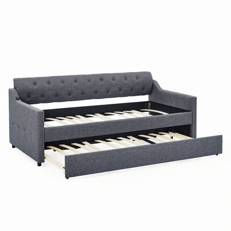 Daybed With Trundle And USB Charging Design, Dark Gray