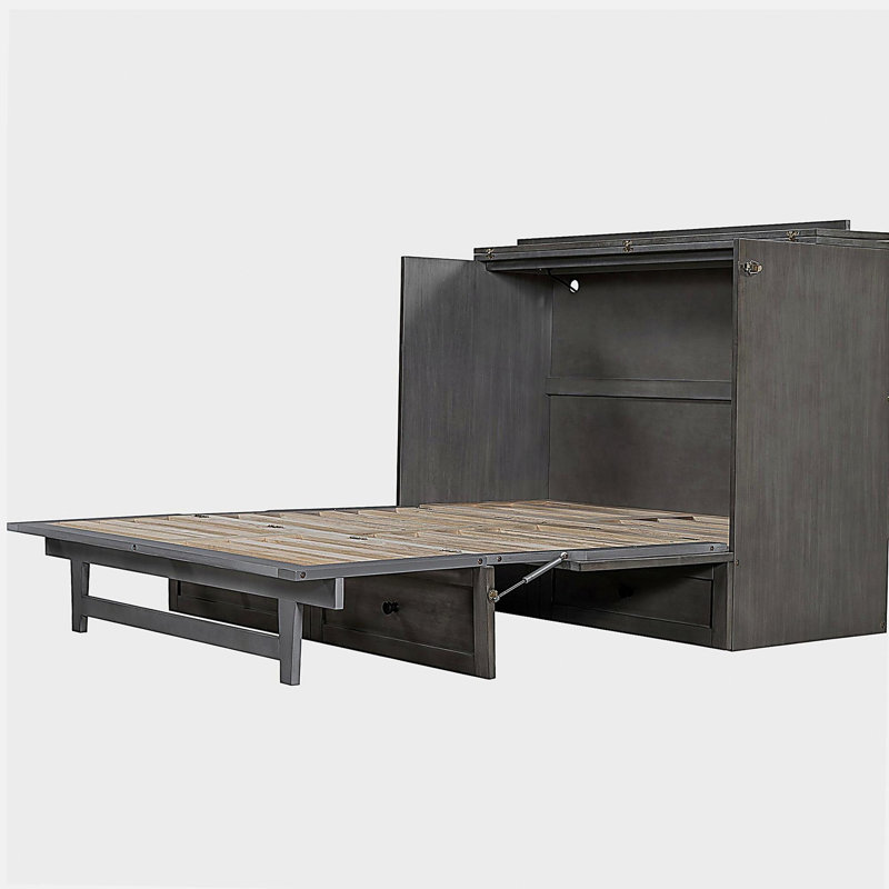 Lit escamotable double avec grand tiroir et port USB, gris mat, Gris, Double