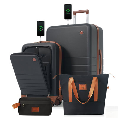 Ensemble de bagages 4 pièces avec ports de chargement USB et compartiment pour ordinateur portable à ouverture frontale, comprenant une valise à carreaux, un sac de voyage et une trousse de toilette