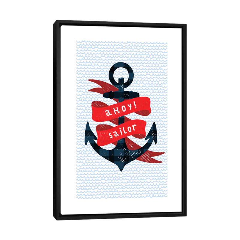 Nautical Anchor - impression d'art graphique, H 60 po x l 40po x P 1,5 po, Toile avec cadre noir, Pas de tapis