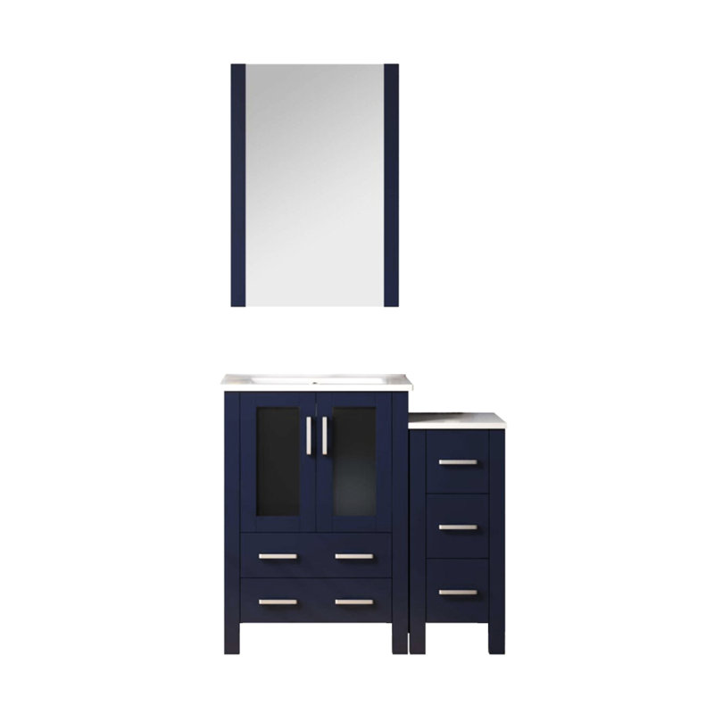 36 po Meuble-lavabo bleu marine avec armoire latérale, comptoir en céramique blanche, miroir à fixation murale de 22 po et grande surface de rangement équipée d'une grande capacité de rangement, dispositif de fermeture silencieuse