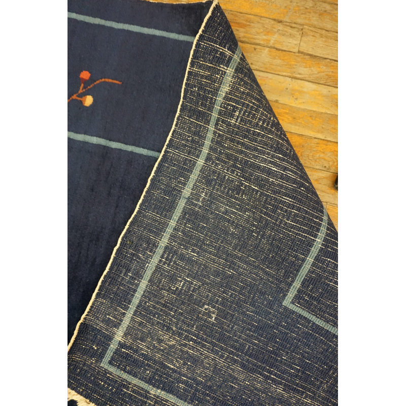 Navy Blue Color Field Antique Floral Pattern Chinese Deco Rug