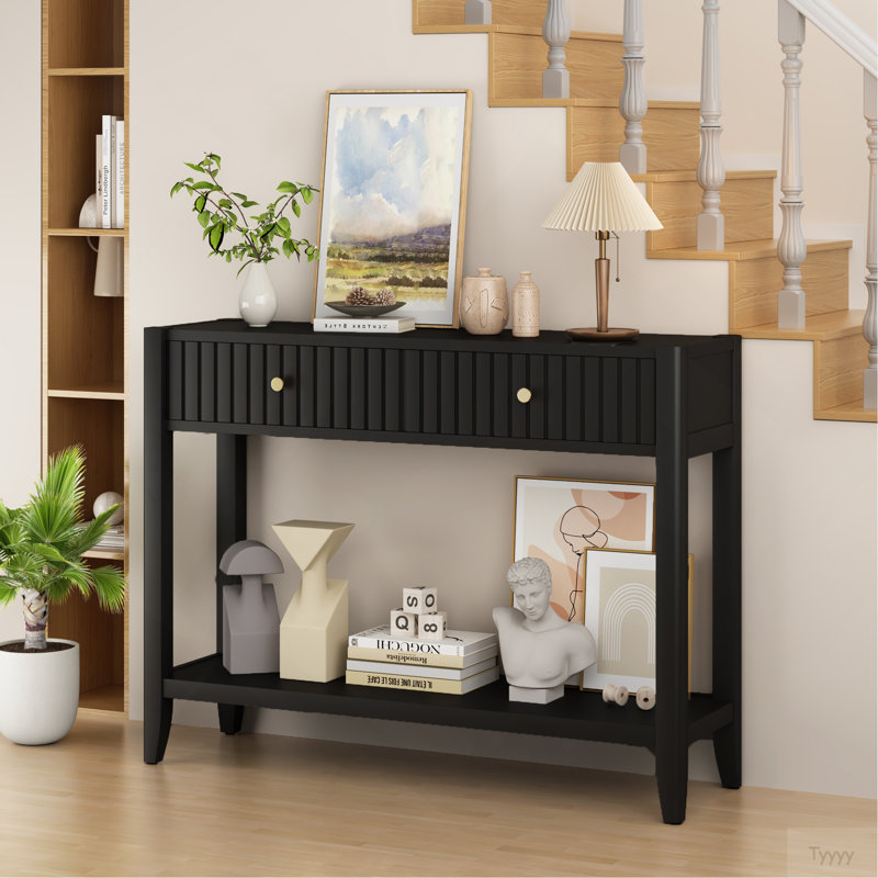 Console avec tiroirs, table d'appoint en bois avec table de rangement étroite et tablette de rangement