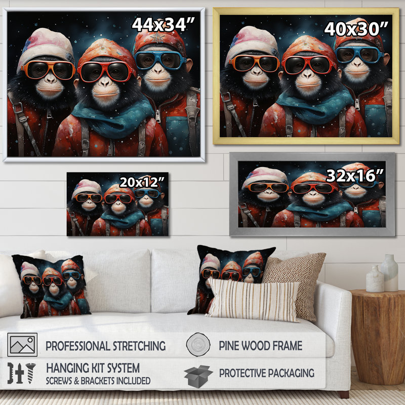 Popart Monkeys At The North Pole - Art mural singe, Toile tendue, H 24 po x l 32 po x P 1 po