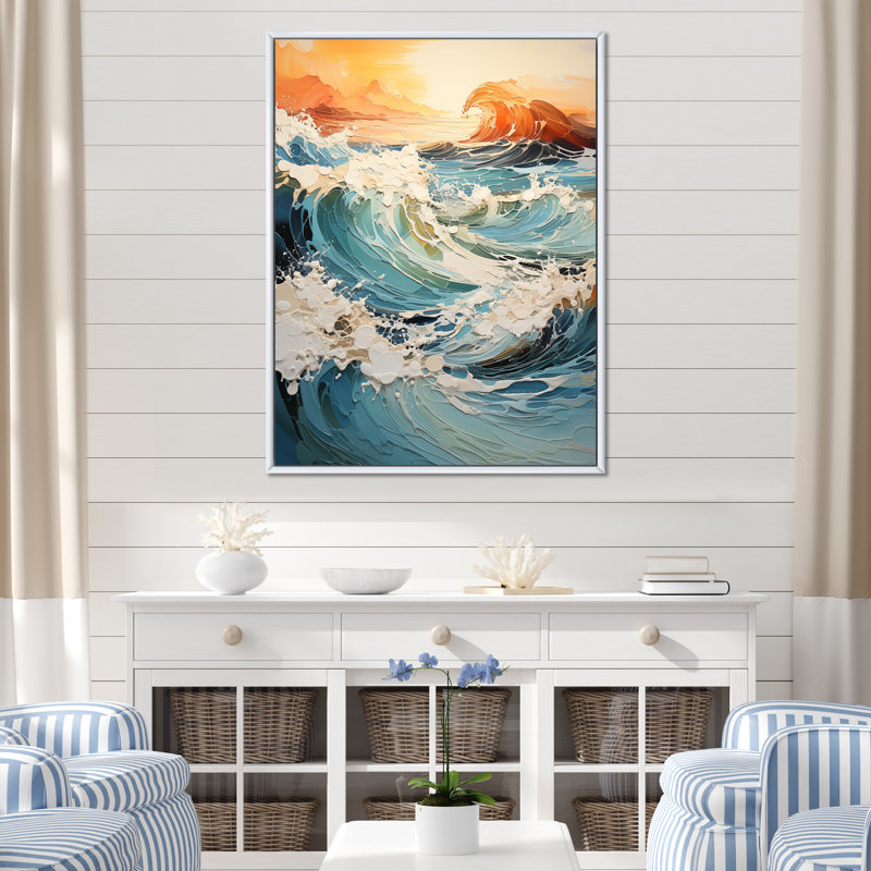 Teal Waves Fight II - Nautique et plage, reproduction d'art sur toile, H 20 po x l 12 po x P 1 po, Cadre flottant blanc