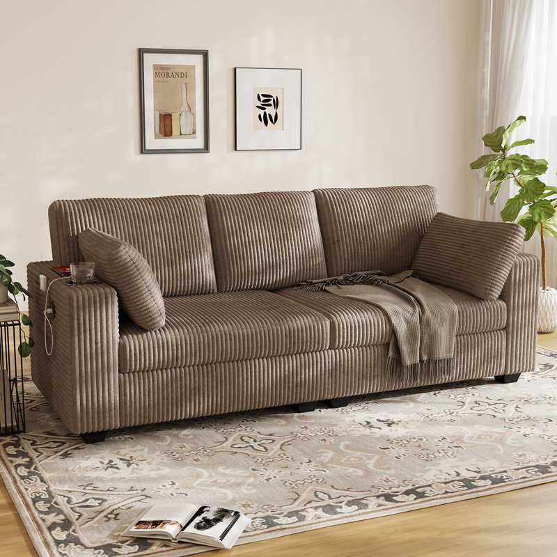 80"W Corduroy Sofa with Cup Holders, Storage Pockets and USB Ports  - Brown Couch, Light Brown