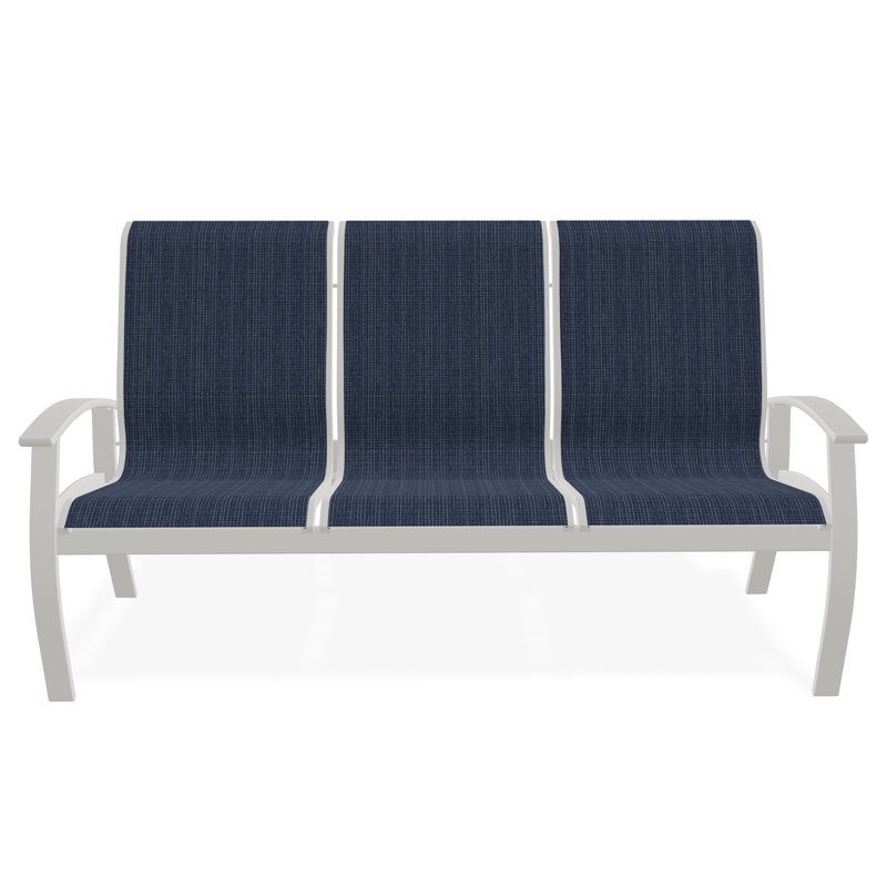 Belle Isle Sling Aluminum Frame 3-Seat Sofa with Marine Grade Polymer Arm Accent, Snow, Navy 13D Sunbrella®