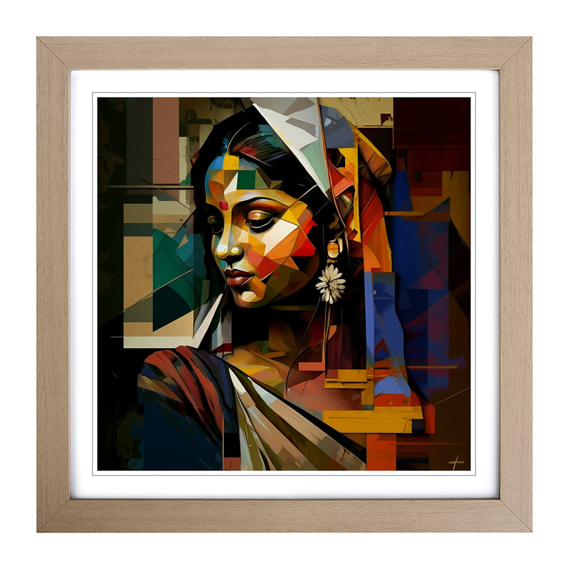 Indian Woman Cubism - Single Picture Frame Print on Wood, Oak