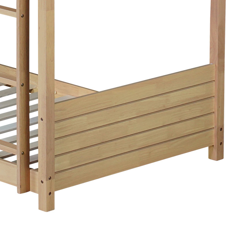 Twin Over Twin Solid Wood House Floor Bunk Bed With Ladder, Oak