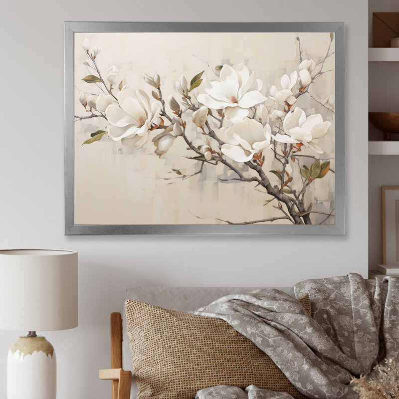 Beige de Magnolias «Dreamy» - art mural encadré Magnolias, H 34 po x l 44 po x P 1,5 po, Cadre naturel flottant