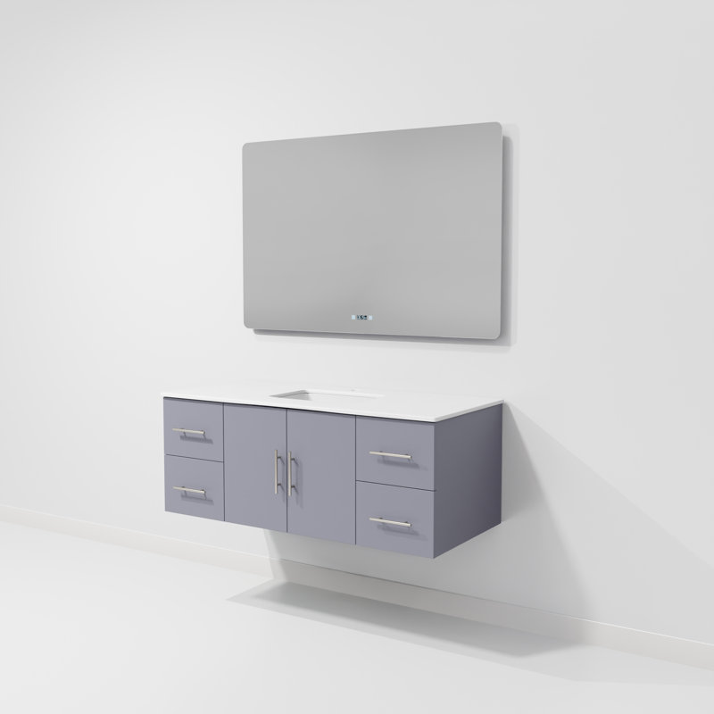 Ensemble de meuble-lavabo simple mural 48 "avec miroir Geneva, Quartz blanc, Gris foncé