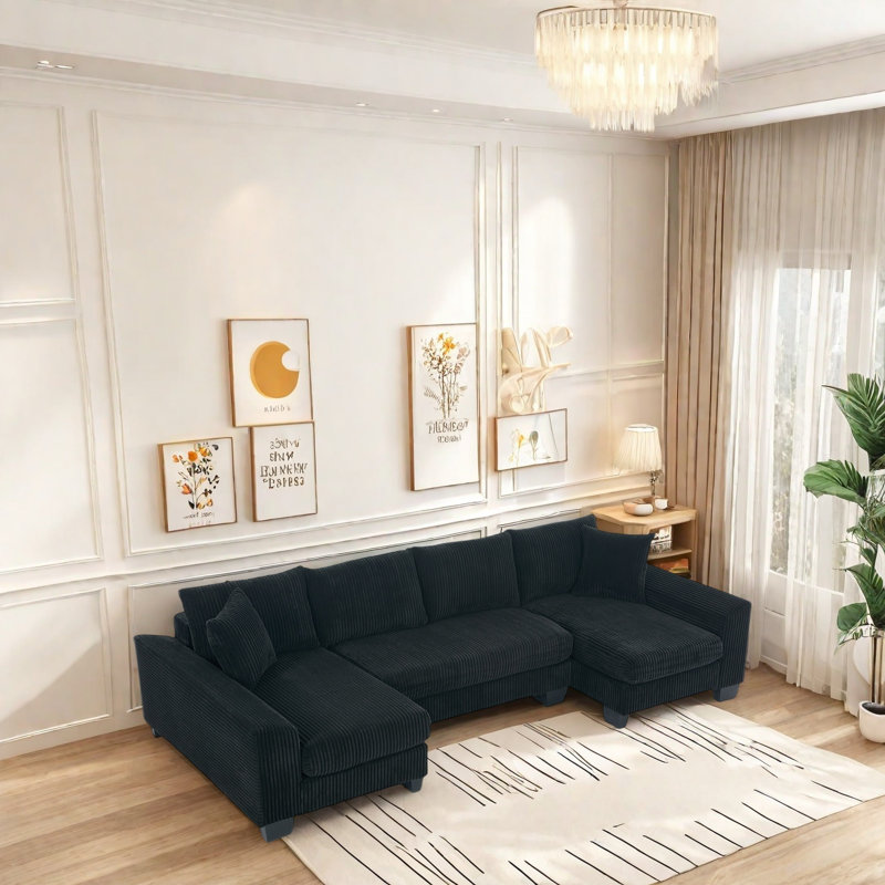 Canapé modulaire en U en velours côtelé avec méridienne, canapé-lit escamotable, 4 coussins de dossier et 2 coussins, canapé convertible moderne pour salon, appartement