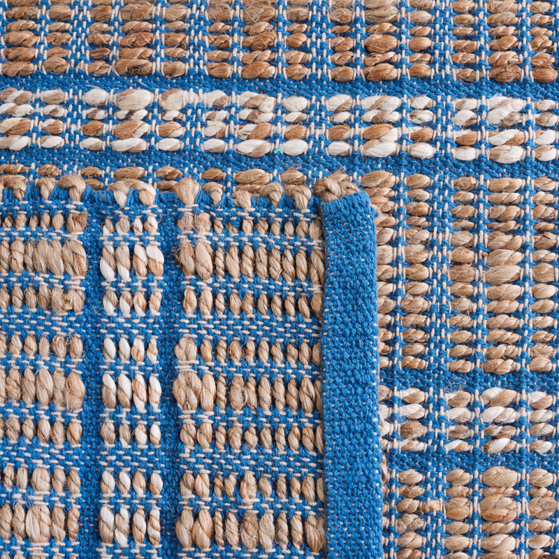 Oullins Natural Fiber Flat Weave Jute/Cotton Striped Rug in Blue/Natural, Rectangle 6' x 9'