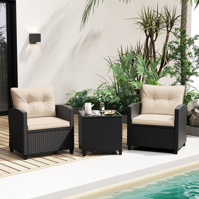 Ensemble de 3 meubles de patio avec coussins lavables pour table basse en verre trempé, Beige