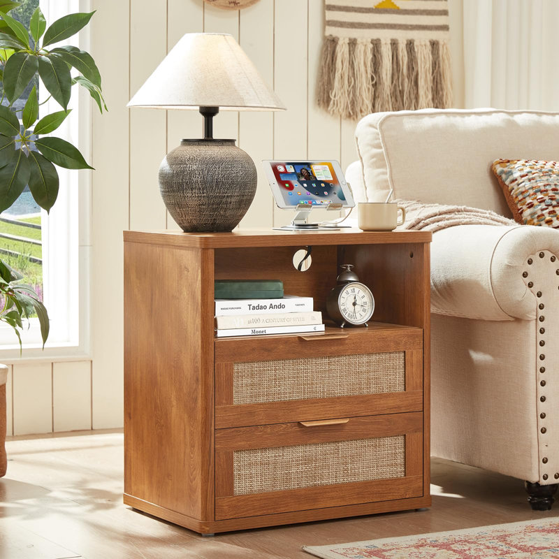 Ensemble de commode et table de chevet en rotin avec commode à 2 tiroirs et table de chevet avec station de charge, Brun