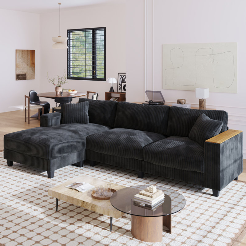 Canapé modulaire en L de 114,5 po avec 2 oreillers, Velours côtelé noir