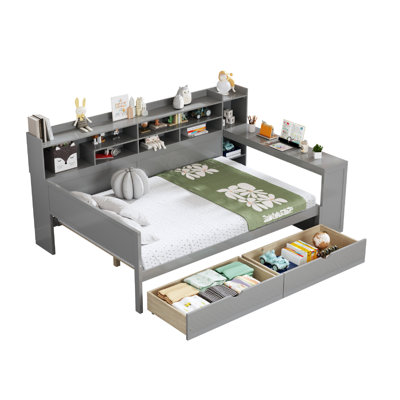 Wooden Full Size Daybed With Storage Shelves, Multi-Functional Bed With Two Storage Drawers And  Study Desk, Gray(OLD SKU: N733S241486E)