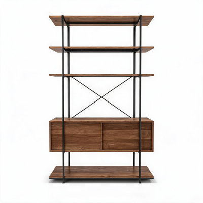 Industrial Bookshelf with Bottom Cabinet, Heavy Duty Metal & Wood Storage Shelf, Rustic Display Rack for Home Office & Living Room, Brown