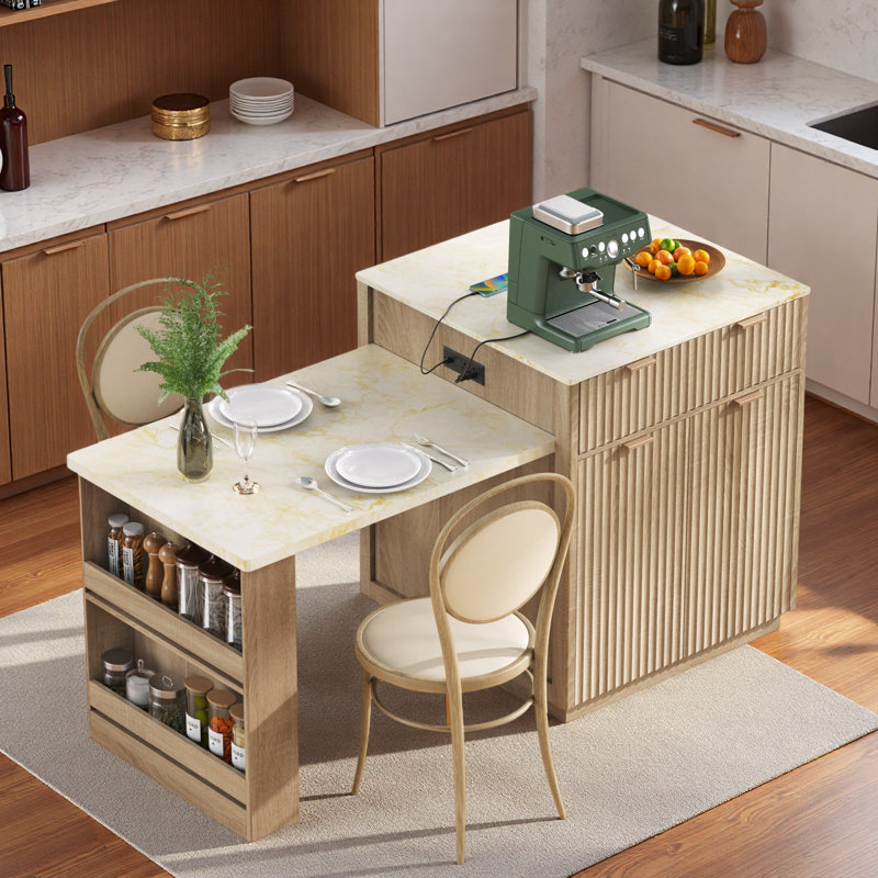 Îlot de cuisine cannelé avec table de salle à manger extensible, prise de courant, rangement double, 2 tiroirs et 2 tablettes ouvertes latérales