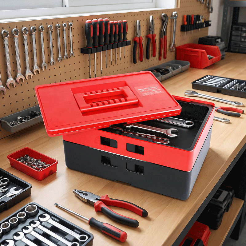 12" Plastic Tool Box, 2-Layer Stackable Lockable Toolbox Tool Chest Organizer with Handle for Garage Workshop, Red