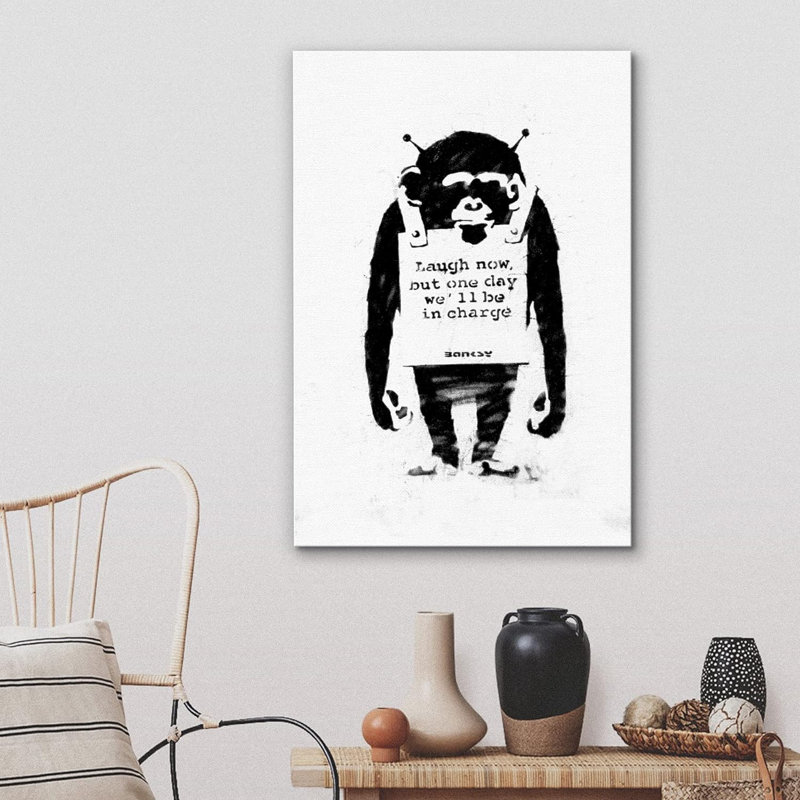 «Banksy Monkey Laugh Now», impression sur graffiti et art de rue, Pop Art moderne urbain multicolore sur toile, Toile tendue