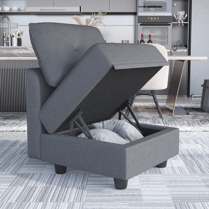 Tomario Fabric Storage Ottoman, Gray Faux Leather
