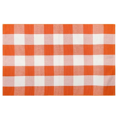 Fall Cotton Orange White Plaid Rug – 27.5×43 Hand Woven, Washable, Indoor Outdoor